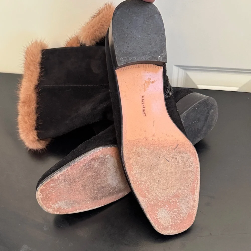 Salvatore Ferragamo Black Suede Boots with Real Mink Fur Trim
